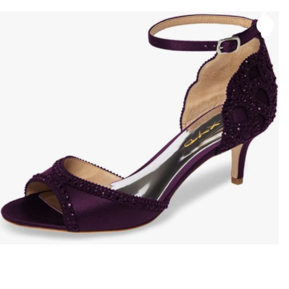 XYD Dark Purple Open Toe Rhinestones Ankle Strap Sandals Low Heel Bridal Shoes